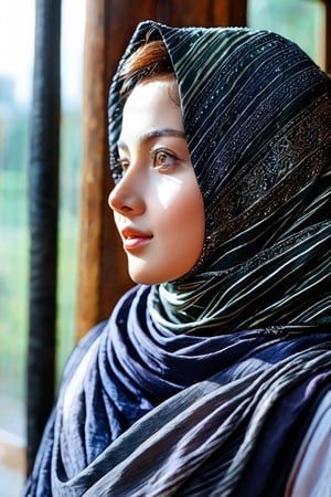 there is a woman wearing a hijab looking out a window, hijab, veiled, black hijab, veiled face, beautiful delicate face, very beautiful girl, lovely delicate face, pale-skinned persian girl, beautiful korean woman, beautiful, high quality portrait, portait photo profile picture, traditional beauty, very extremely beautiful, muslim, beautifully, beautiful girl, SIMPLEPOSITIVEXLV2, (best quality,4k,8k,highres,masterpiece:1.2), ultra-detailed, studio lighting, ultra-fine painting, sharp focus, physically-based rendering, extreme detail description, professional, vivid colors, fantasy, black eyes, xxmix_girl,More Reasonable Details