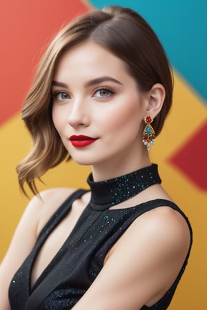 Beautiful woman, photo portrait, upper body, small elegant earrings, red matte lipstick, black dress with lurex, looking at the camera, colorful background, dynamic pose, SIMPLEPOSITIVEXLV2