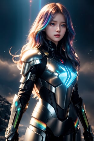 science fiction girl, highly detailed, intricate sci-fi armor, futuristic war scene, beautiful young woman, cute facial features, 20 years old, long wavy rainbow colored hair, extremely detailed, hyperrealistic, cinematic lighting, dramatic composition, volumetric fog, advanced technology, glowing energy effects, dynamic pose