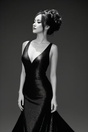 A woman in a black evening dress, glamor, black and white photography, elegant pose, blurred background.