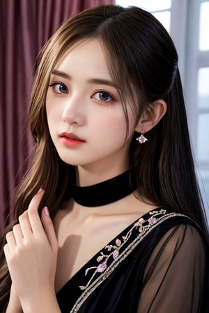 (Full head：1.9),In-depth depiction of the face,1 Lady,a matural female,Black Dress Long Dress,Pink White Long Hair,Curtain of the Night,Prom Background,  face perfect, perfect hand, Perfect Finger, Perfect lips, perfect  eyes, Perfect background, beautiful girl, SIMPLEPOSITIVEXLV2, (best quality,4k,8k,highres,masterpiece:1.2), ultra-detailed, studio lighting, ultra-fine painting, sharp focus, physically-based rendering, extreme detail description, professional, vivid colors, fantasy, black eyes, xxmix_girl,More Reasonable Details