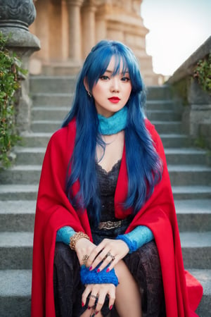 masterpiece, RAW,, ultra realistic, outdoors, ((blue hair)), (hair ornament), reah, long blue hair, looking at viewer, perfect face, see through top, stairs, facing viewer, photorealistic, blue glows, Science Fiction, sexy, 4K, 8k HD, Circle, high quality, OceanGoddess,1 girl, portrait,Modena butterfly, red scarf, red cloak, red dress, bracelet