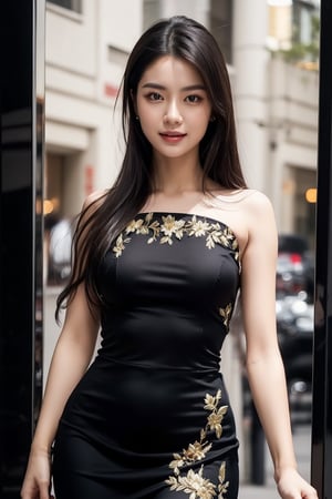 A portrait of a breathtakingly beautiful Korean model, no more than 22 years old. The subject's piercing gaze, framed by luscious black hair styled with elegance, seems to directly engage the viewer. Her porcelain complexion glows beneath a mesmerizing wearing black dress, opened dress, wearing a black dress, long dress, wearing a dark dress, sexy dress, elegant dress, wearing an elegant dress, adorned with intricate red and gold embroidery that shimmers like sparks. The Dress patterns dance across her slender figure, exuding majesty and power. A defiant smile plays on her lips, hinting at an inner fire burning bright.