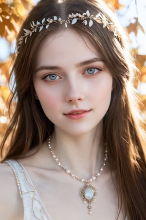 Beautiful soft light, (beautiful and delicate eyes), very detailed, pale skin, (long hair), dreamy, ((front shot)), soft expression, bright smile, art photography, fantasy, jewelry, shyness, soft image, masterpiece , ultra-high resolution, color, very delicate and soft lighting, details, Ultra HD, 8k, highest quality, silhouette of a woman in the fallen leaves, dual screen,