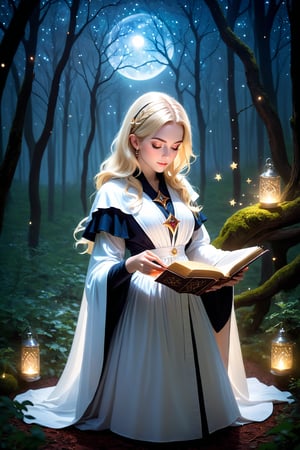 A beautiful witch wearing white robe, reading a grimoire in a starry night, in an enchanting forest, surrounded by mystical atmosphere and magical ambiance, glitters, glowing particles, misty. (masterpiece, top quality, best quality, official art, beautiful and aesthetic:1.2), (1girl:1.4), upper body, blonde hair, portrait, extreme detailed, fantasy art, intricate arcane wiccan designs, 