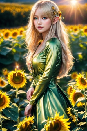 (masterpiece, best quality, highres:1.3), ultra resolution image, (1girl), (solo), kawaii, blonde hair, long flowing hair, elf, emerald eyes, gentle breeze, sunflowers, sunflower field, petal, sparkling magic, (soft sunlight:1.3), fantasy, nature accessories, happy