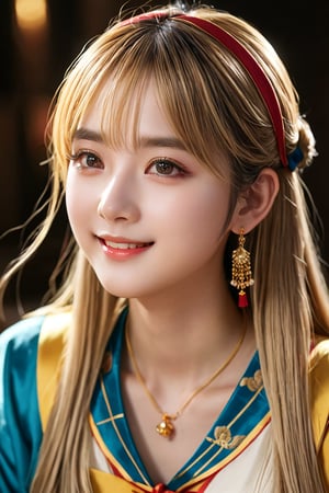 One person, solo, Long Hair, High resolution, chest, Gaze, smile, Open your mouth, bangs, Blonde, とてもLong Hair, Golden Eyes, hair band, Earrings, masterpiece, Highest quality, , face lighting, bright backlight, high resolution, best quality, Photos, 4k, (Realistic:1.2),1girl, smile, hanfu, beautiful girl, SIMPLEPOSITIVEXLV2, (best quality,4k,8k,highres,masterpiece:1.2), ultra-detailed, studio lighting, ultra-fine painting, sharp focus, physically-based rendering, extreme detail description, professional, vivid colors, fantasy, black eyes, xxmix_girl,More Reasonable Details
