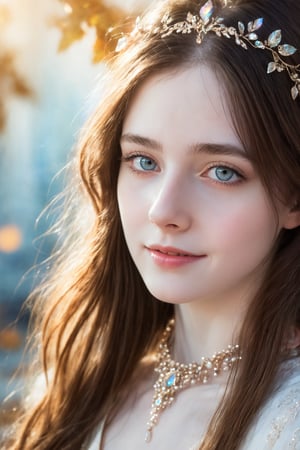 Beautiful soft light, (beautiful and delicate eyes), very detailed, pale skin, (long hair), dreamy, ((front shot)), soft expression, bright smile, art photography, fantasy, jewelry, shyness, soft image, masterpiece , ultra-high resolution, color, very delicate and soft lighting, details, Ultra HD, 8k, highest quality, silhouette of a woman in the fallen leaves, dual screen,