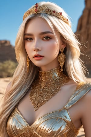A majestic desert princess stands regally, inspired by the legendary Kleopatra VII Filopator. Her mesir crown glints in the golden light of sunset, as she strikes a sultry pose showcasing her medium-sized breasts. Long, luscious locks cascade down her back, framing her heart-shaped face and striking brown eyes. A subtle gloss adorns her lips, adding to her allure. In this 8K masterpiece, every detail is meticulously rendered in raw photography, inviting the viewer into an ultra-detailed world of beauty and mystery.