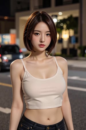 masterpiece, 8k, high resolution, high quality, ultra-detailed, beautiful face, epic lighting, dynamic pose, glowing skin, bokeh, realistic, ((Realistic lighting, Best quality, 8K, Masterpiece: 1.3)), Clear focus: 1.2, 1girl, Perfect Figure: 1.4, Slim Abs: 1.1, ((hijabi)), (White crop top: 1.4), (Outdoor, Night: 1.1), City streets, Super fine face, Fine eyes, Double eyelids,