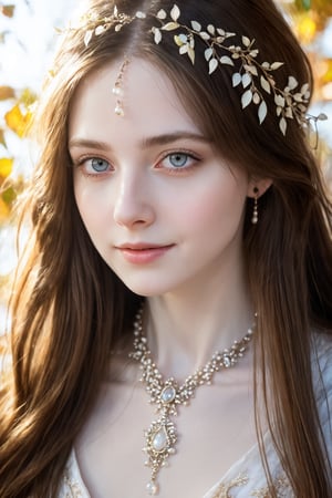 Beautiful soft light, (beautiful and delicate eyes), very detailed, pale skin, (long hair), dreamy, ((front shot)), soft expression, bright smile, art photography, fantasy, jewelry, shyness, soft image, masterpiece , ultra-high resolution, color, very delicate and soft lighting, details, Ultra HD, 8k, highest quality, silhouette of a woman in the fallen leaves, dual screen,