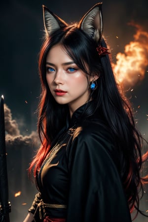 vibrant colors, female, masterpiece, sharp focus, best quality, depth of field, cinematic lighting, ((solo, one woman )), (illustration, 8k CG, extremely detailed), masterpiece, ultra-detailed,solo, blue eyes, black hair, ribbon, red hair, multicolored hair, two-tone hair, streaked hair, alternate hairstyle, dark dress, katana in hand in front of face,
the background is filled with smoke and destruction, crows soar in the sky, creating an atmosphere of chaos, long hair, (fox ears, three tailed fox,) anger on the face, black earring, (full length),1 girl 