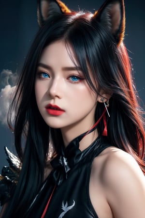 vibrant colors, female, masterpiece, sharp focus, best quality, depth of field, cinematic lighting, ((solo, one woman )), (illustration, 8k CG, extremely detailed), masterpiece, ultra-detailed,solo, blue eyes, black hair, ribbon, red hair, multicolored hair, two-tone hair, streaked hair, alternate hairstyle, dark dress, katana in hand in front of face,
the background is filled with smoke and destruction, crows soar in the sky, creating an atmosphere of chaos, long hair, (fox ears, three tailed fox,) anger on the face, black earring, (full length),1 girl 