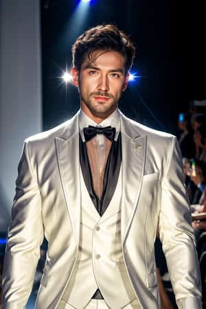 masterpiece, best quality, 8k, 1man, (front Photo), shiny skin, facial hair, walking on fashion show runway stage, wearing white sheer suit, highly detailed face and skin, realistic, mature, stubble, muscular, huge pecs, handsome, male focus, light particles, rim light, Use light to shine through clothes to reveal muscle contours, full body, skin color shows through the fabric of clothes,