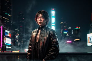 Gojo Sataru stands alone in a dystopian metropolis, surrounded by neon-lit skyscrapers and holographic advertisements. In a sci-fi masterclass, he's framed against a backdrop of smoke-filled cityscapes, his piercing gaze reflected in the wet pavement. Ultra-detailed textures render every stitch on his futuristic attire, as if crafted by a 3D sculptor. A single beam of light casts an otherworldly glow, illuminating Sataru's intense focus, while the high-contrast 8K resolution brings forth a depth so profound it appears to leap from the screen.