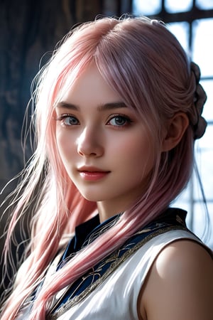 Here's a breathtaking RAW photo of a female concept art portrait:

In a dark and moody setting, a stunning 18-year-old Caucasian woman with silver-pink hair and hazel eyes, reminiscent of Elven women from Lord of the Rings or Dungeons and Dragons, sits majestically. Her porcelain-doll-like face is perfectly rendered, with intricate details that seem to leap off the parchment canvas. Her outstretched hands are a masterpiece of anatomy, as if frozen in mid-air.

The weathered parchment serves as a backdrop, adorned with ancient runes drawn by Boris Vallejo's skilled hand. The overall design is reminiscent of high-fantasy art, with an air of mystique and otherworldliness. The photo exudes an aura of professionalism, as if taken by a renowned photographer like James Jean or Roby Dwi Antono.

The dynamic lighting creates volumetric shadows, giving the image depth and dimensionality. It's an epic, splash-art-inspired masterpiece that would make Francis Bacon proud. With its cinematic aesthetic, it's no wonder this image has garnered attention from fans of comic book art, movie stills, and oil paintings alike. face lighting, bright backlight, high resolution, best quality, Photos, 4k, (Realistic:1.2),1girl, smile, beautiful girl, SIMPLEPOSITIVEXLV2, (best quality,4k,8k,highres,masterpiece:1.2), ultra-detailed, studio lighting, ultra-fine painting, sharp focus, physically-based rendering, extreme detail description, professional, vivid colors, fantasy, black eyes, xxmix_girl,More Reasonable Details