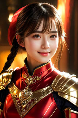 A paladin girl stands proudly in a warm, golden-lit chamber, her entire being encased in vibrant, crimson-red armor that shines like polished gemstones. Her facial features are delicate and adorable, with bright eyes and a gentle smile. The intricate detailing on her armor is exquisite, from the engravings to the tiny, glinting accents. The overall effect is one of sweet, wholesome charm , face lighting, bright backlight, high resolution, best quality, Photos, 4k, (Realistic:1.2),1girl, smile, beautiful girl, SIMPLEPOSITIVEXLV2, (best quality,4k,8k,highres,masterpiece:1.2), ultra-detailed, studio lighting, ultra-fine painting, sharp focus, physically-based rendering, extreme detail description, professional, vivid colors, fantasy, black eyes, xxmix_girl,More Reasonable Details