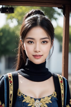 A portrait of a breathtakingly beautiful Korean model, no more than 22 years old. The subject's piercing gaze, framed by luscious black hair styled with elegance, seems to directly engage the viewer. Her porcelain complexion glows beneath a mesmerizing wearing sleeveless turtleneck sweater, tight blue jeans, adorned with intricate red and gold embroidery that shimmers like sparks. The kimono's patterns dance across her slender figure, exuding majesty and power. A defiant smile plays on her lips, hinting at an inner fire burning bright.