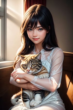 a youthful woman with a gentle smile cradling a fluffy cat. The shot, taken with a DSLR camera, boasts hyper-realistic detail. Sunlight filters through a nearby window, highlighting the intricate textures of the woman's light, airy dress and the soft, intricate fur patterns of the cat she holds lovingly. Each strand of hair, the subtle expressions in their eyes, and the delicate interplay of shadows and light are rendered with astounding clarity and depth. This image, rich in detail and emotion, showcases the bond between human and pet, evoking a sense of warmth and serenity.