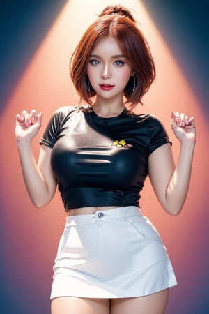 ((masterpiece, best quality)), jessie, pokemon,white top with red letter R, white skirt, pikachu background,sexy,curvy body,detailed face,perfect eyes,detailed hands,hands up,light background,mix of fantasy and realistic elements,vibrant manga,uhd picture , crystal translucency, vibrant artwork,jessie\(pokemon\)