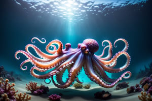 A hauntingly beautiful scene unfolds: a majestic octopus rises from the dark, misty depths of a futuristic ocean. Its tentacles stretch towards the camera, as if beckoning us to explore the mysteries beneath the surface. The only light comes from bioluminescent creatures dancing in the darkness, casting an ethereal glow on the sea floor.