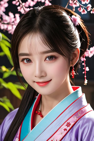 best quality, masterpiece, high resolution, wuxia1girl,blush,(Charming smile:0.8),Star-shaped pupil,china hanfu,Hair accessories,necklace, Jewelry,Pretty Face,more than_Body, Tyndall effect,lifelike, Dark Studio, Edge lighting, Two-color light,(High Detail Skin:1.2), 8K Ultra HD, SLR camera, Soft Light, high quality, Volumetric Lighting, frank, photo, high resolution, 4K, 8K, Bokeh,Surrounded by blooming purple flowers
, face lighting, bright backlight, high resolution, best quality, RAW Photos, (Realistic:1.2),1girl, smile, beautiful girl, SIMPLEPOSITIVEXLV2, (best quality,4k,8k,highres,masterpiece:1.2), ultra-detailed, studio lighting, ultra-fine painting, sharp focus, physically-based rendering, extreme detail description, professional, vivid colors, fantasy, black eyes, More Reasonable Details