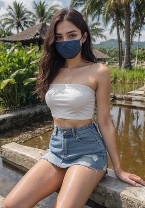 19 years old girl, instagram celebrities, detailed blue eyes, long wavy hair, brown hair, long front bangs hair, messy hair, strapless tanktop, torn denim micro skirt, surgical mask, covid mask, sneakers shoes, wet clothes, HD, 8K, in the morning, walking at indonesian village, dirt path, rice fields, banana trees, mountains view, sitting on the edge of the ponds, showing beautifull thigh, headband, 
