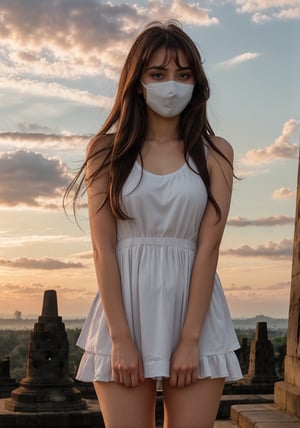 19 year old girl, detailed blue eyes, long wavy brown hair, front bangs hair, babydoll mini dress, pink surgical mask, covid mask, white sneakers shoes, HD, 4K, daylight, clouds, sky, realistic lights, sunset, Indonesian village, Borobudur Indonesian, side angle
