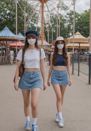 18 years old teenager girl, blue eyes, long wavy brown hair, front hair bangs, blue eyes, wearing mini crop top and short skirt, kicks_(shoe), sexy thighs, surgical mask, covid mask, hat.
walking at amusement park Indonesian, photorealistic, high resolution, 8K raw photo, view fom side, Extremely Realistic