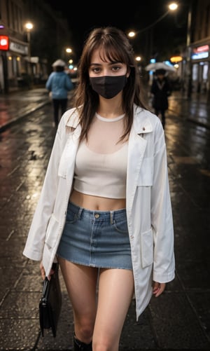 21 years old girl, college girl, blue eyes, long brown hair with slightly blonde highlight, long front bangs, white skin, smooth thigh, proportional body, transparent shirt, rock jacket, worn denim mini skirt, surgical mask, covid mask, angkle high underground boots. HD, 4K, Real Lighting. wearing backpack, wearing headphone, wet shirts, wet skirts, wet hairs. standing on indonesian sidewalk, flood street. in the night heavy rain. 