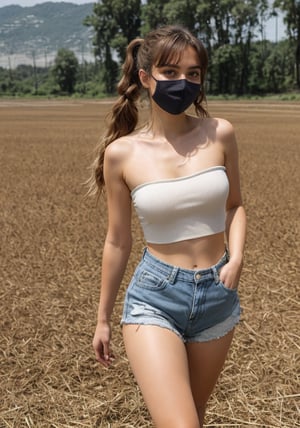 19 years old girl, blue eyes, long wavy hair, brown hair with slightly blonde highlight, long front bangs, pigtails hair, strapless black tanktop, tight crotch hip denim short, surgical mask, covid mask, white sneaker shoes, HD, 16K, sun light, walking in the middle rice fields