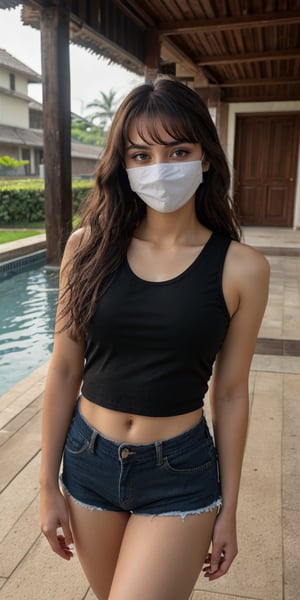 19 years old girl, blue eyes, long wavy brown hair, long front bangs, messy hair, plain black shirt, tight crotch shorts, surgical mask , covid mask, sneaker shoes, indonesian house, swimming pool, in the morning, standing pose, 