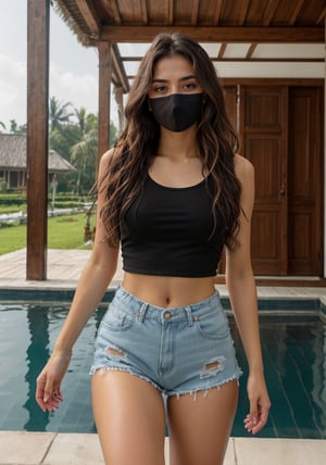 19 years old girl, blue eyes, long wavy brown hair, long front bangs, messy hair, black shirt, tight shorts, surgical mask , covid mask, sneaker shoes, indonesian house, swimming pool, in the morning, standing pose, self_shot