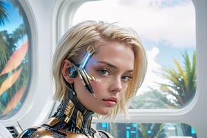 A cybernetic woman lie at a futurustic bed and ahead of a window, behind the window is the scenery of a tropical island and oceanic sea, blond short hair. Cyvernetic components at her head, a metallic mask conceals her mouth, its angular lines echoing the sharpness of her gaze, which pierces through the soft haze of the cityscape's distant background, cybernetic_enhancements