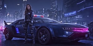 cinematic shot, complete view, 1european girl, long brown hair, looking to the side with a cute smile, Police_clothing, gloves, dark blue gloves, black boots, standing, big gloves, pointy ears, belt, realistic, cyberpunk style, cyberpunk, police_car, night city,Extremely Realistic,Movie Still,RussellJames,background,c_car,
