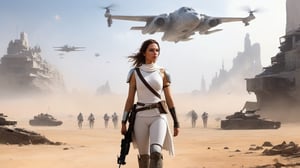 imperial_woman is leading army_soldiers through post-apocalyptic world, starwars science-fiction universe fantasy, digital painting, masterpiece, award winning, digital artwork, purity of white is the essence of the image, aircraft in the distant background