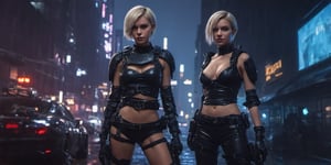 cinematic shot, complete view, 2european girls, short blond hair, blue eyes, looking to the side with a cute smile, Police_leather_clothing, gloves, dark blue gloves, black boots, standing, big gloves, pointy ears, belt, realistic, cyberpunk style, cyberpunk, black_bikini_top, black_bikini_bottom, sexy,night city,Extremely Realistic,Movie Still,RussellJames,background,c_car,