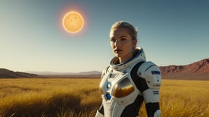 cinematic view, Close-up shot of an impressive astronaut girl standing in the middle of a landscape of lush gold and silver grass on an extraterrestrial planet. She wears a sleek white spacesuit with no helmet and her bright blue eyes stare at the horizon. Aplanet is at the distant horizon. ((she holds a fluttering galactic flag with a bold, black text:1.6)),  ((text "8K LIKES" text:2.0)). Background of a crimson sky under the soft orange light of ((two alien suns:1.5)), tilted head. ((ultra 8k,HDR, casual photo, photorealistic))