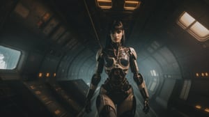 (((medium shot of futuristic android Sofia Boutella with grunge mechanical body parts dressed in a glossy black uniform descends down a platform from the compartment of a military airplane with combat mecha robots))), ((morning sunny cyberpunk wasteland background)), looking to the side, high detail, 8k, masterpiece, realistic photo, sci-fi, fantastical, intricate detail, complementary colors, sci-fi concept art, (in the style of Hans Heysen and Carne Griffiths), (Neil Blomkamp style), shot on Canon EOS 5D Mark IV DSLR, 85mm lens, long exposure time, f/8, ISO 100, shutter speed 1/125, award winning photograph, facing camera, perfect contrast, cinematic style