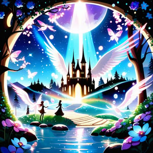 A dreamy and magical scene at night, featuring a mystical forest with lush trees, blooming flowers, and vine-covered archways. In the starlit sky, the moon shines softly, casting a gentle glow on the surroundings. Ethereal beings like fairies and elves dance among the trees, while mysterious animals such as unicorns, butterflies, and owls roam freely. The atmosphere is filled with the shimmer of magic beams, bubbles, and halos, creating a romantic and mysterious ambiance with colors of blue, purple, green, gold, and silver. Add a mysterious castle to the scene with iridescent effects, movie-style lighting, twinkling stars, and a dusting of magical powder. Include a lake that reflects the starlight.