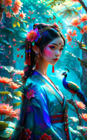 A peacock princess in the center of a mysterious garden, inspired by Chinese mythology, with vivid and vibrant colors, combining traditional elements with modern aesthetics. A realistic human character in 3D style, 8K high resolution, with vivid and iridescent colors.