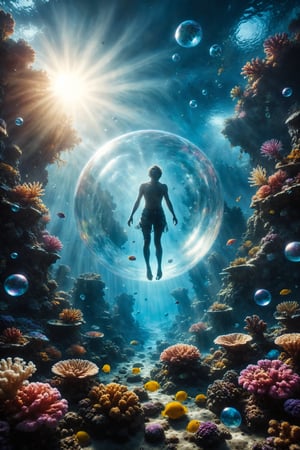 Design a scene where a person is floating in a bubble above a vibrant, colorful coral reef. The underwater world is teeming with life, and shafts of sunlight penetrate the water, creating a surreal, dreamlike effect.