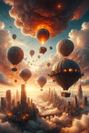 Generate an image of a floating city above the clouds, with bridges made of light connecting various floating buildings. Include airships and hot air balloons drifting between the structures. The sky should be filled with the warm colors of a setting sun.