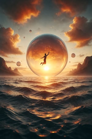 Design a scene where a person floats in a bubble over a calm ocean at sunset.