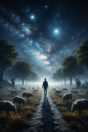 Design an image of a person walking on a path of glowing stars that stretches across the night sky. The Milky Way is vividly visible, and the person is accompanied by ethereal, ghost-like animals.