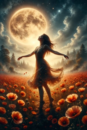 Create an illustration of a person dancing in a field of poppies under a giant full moon. The poppies emit a golden glow, creating a magical atmosphere.