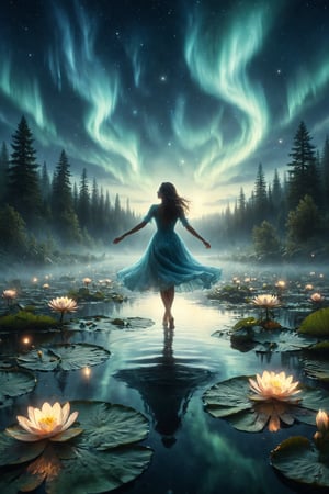 Create an illustration showing a woman in a sky blue dress, dancing on the surface of a tranquil lake that reflects a sky filled with northern lights. Include giant water lilies emitting a soft light and golden fireflies floating around, illuminating the scene with their glow.