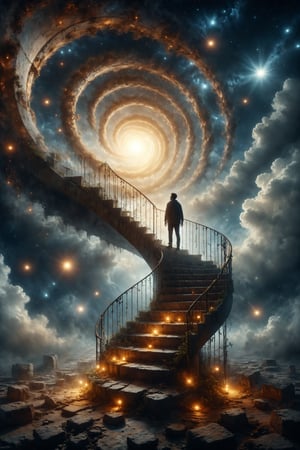 Design an image showing a person standing on a floating staircase that spirals upwards into a star-filled sky. Along the staircase, glowing orbs of light provide illumination, creating a path to the heavens.