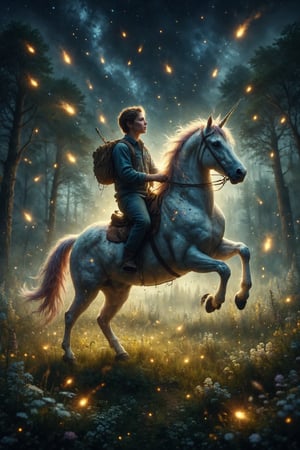 Create an illustration of a person riding a unicorn through a meadow filled with fireflies.