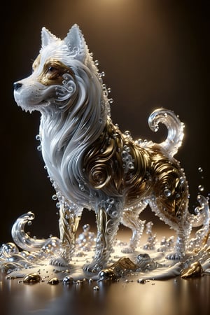 a brown and white crystalline dog in the middle, with a gold and silver pattern, in the style of v-ray tracing, flowing draperies, made of liquid metal chrome-plated, watch